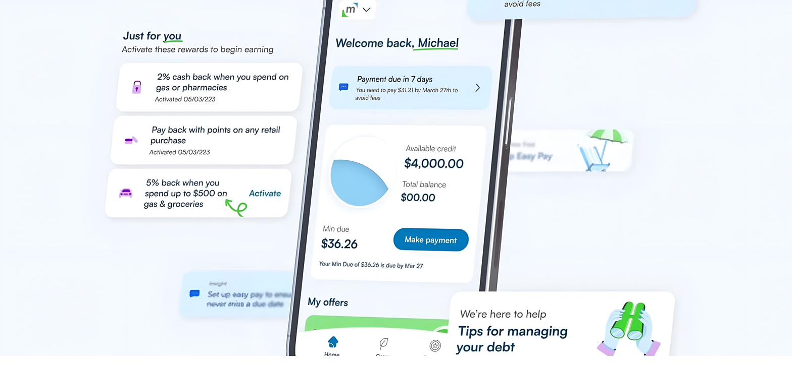 Mercury Financial mobile credit product — rewards activation, dashboard, payment scheduling, debt management