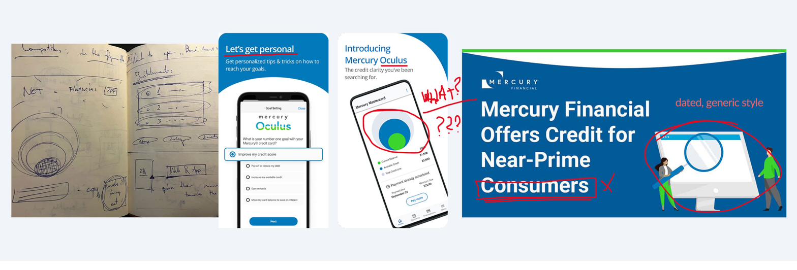 Audit of Mercury's existing product — competitor sketches, current app screens, and dated marketing material flagged as generic style