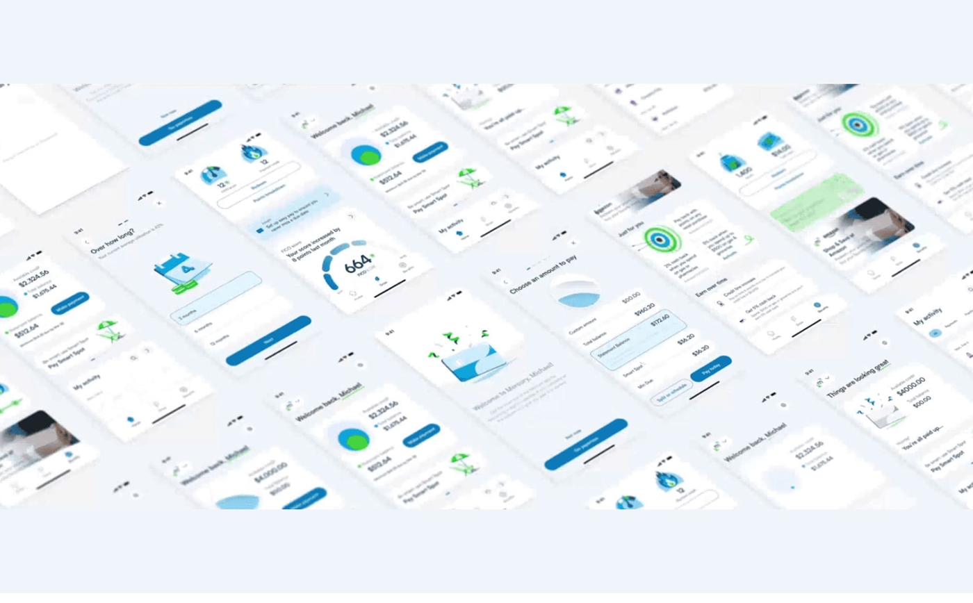 Mercury final product surfaces — array of app screens across rewards, payments, statements, and welcome flow