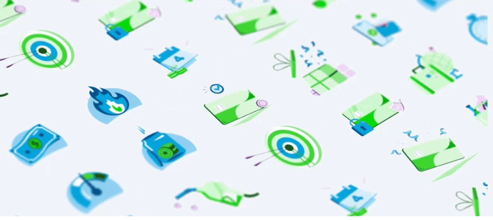 Humanistic visual language — Mercury illustration system with warm green and blue motifs across cards, targets, and rewards