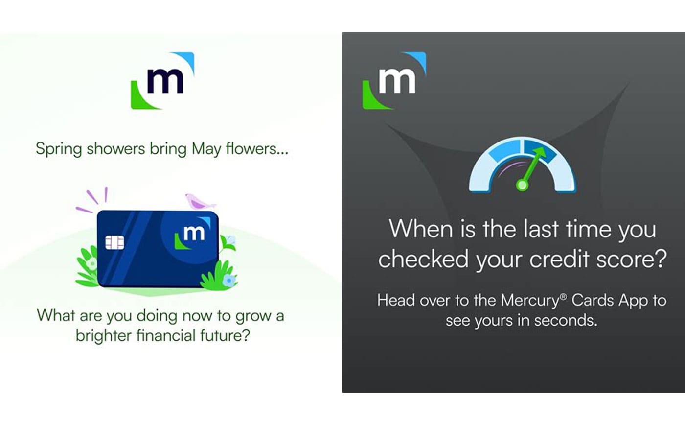 Mercury brand expression in marketing — seasonal card and credit-score prompts in the new visual language