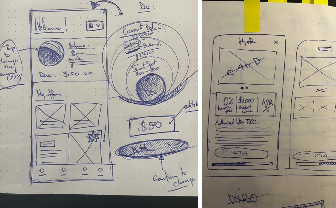 Notebook sketches — welcome screen, balance hierarchy, and 'My offers' rail concept