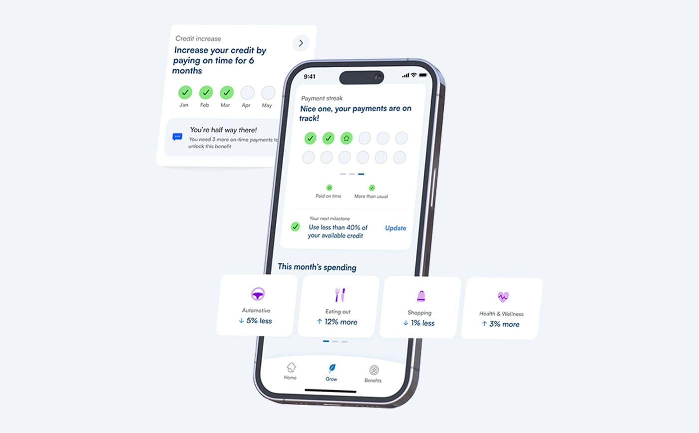 Final UI — credit-increase milestone, payment-streak progress, and category spending breakdown in app