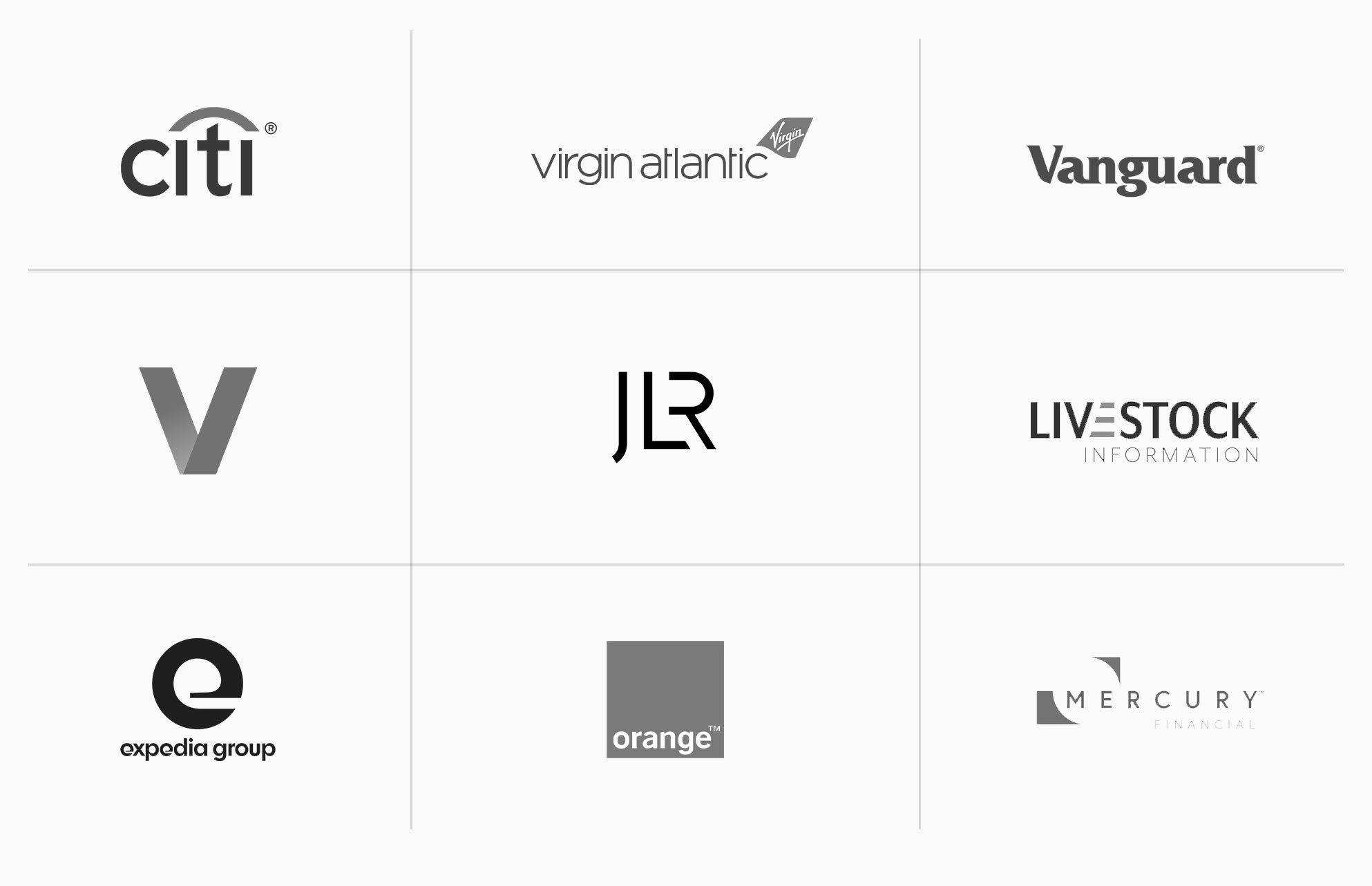 Past clients and project teams — Citi, Virgin Atlantic, Vanguard, Verizon, JLR, Livestock Information, Expedia Group, Orange, Mercury Financial