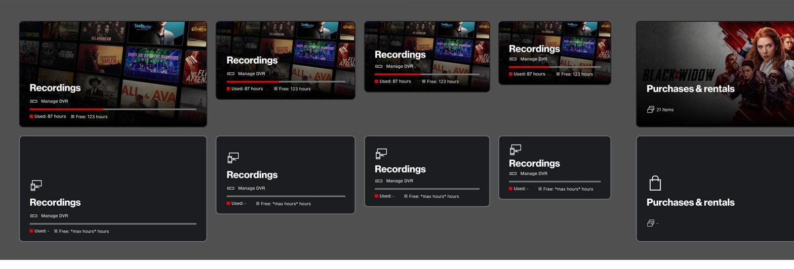 Landing-page card system — DVR Recordings and Purchases & Rentals card variants across states (filled and empty)