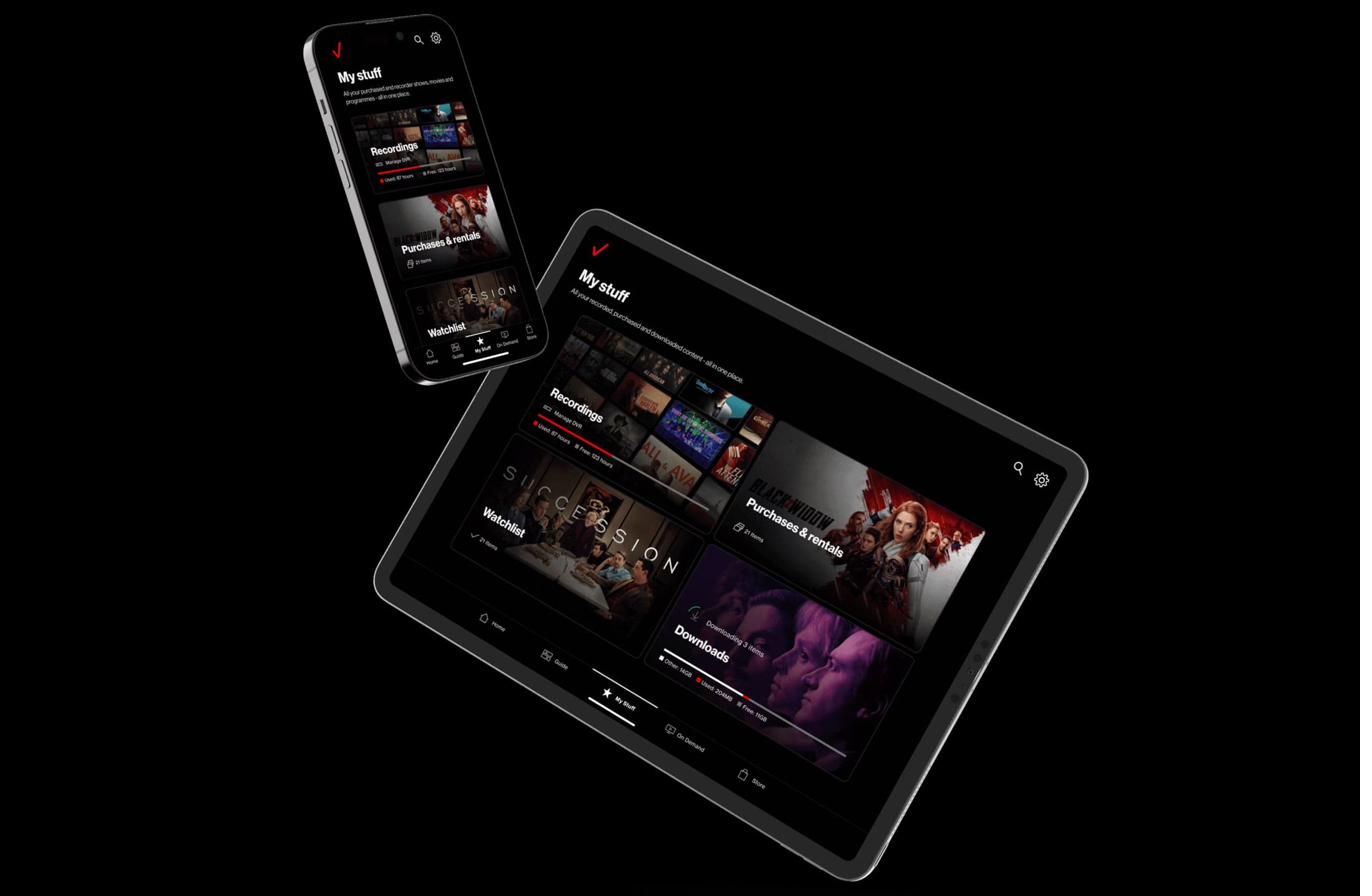 My Stuff landing across mobile and tablet — DVR Recordings anchor, Purchases & rentals, Watchlist, and Downloads cards in a single hierarchy