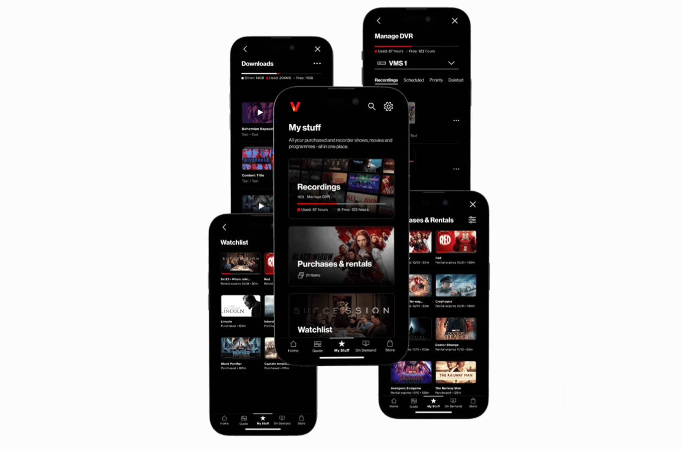 Final visual outcome — My Stuff across multiple device states: landing, Watchlist, Purchases & Rentals, Manage DVR, and Downloads