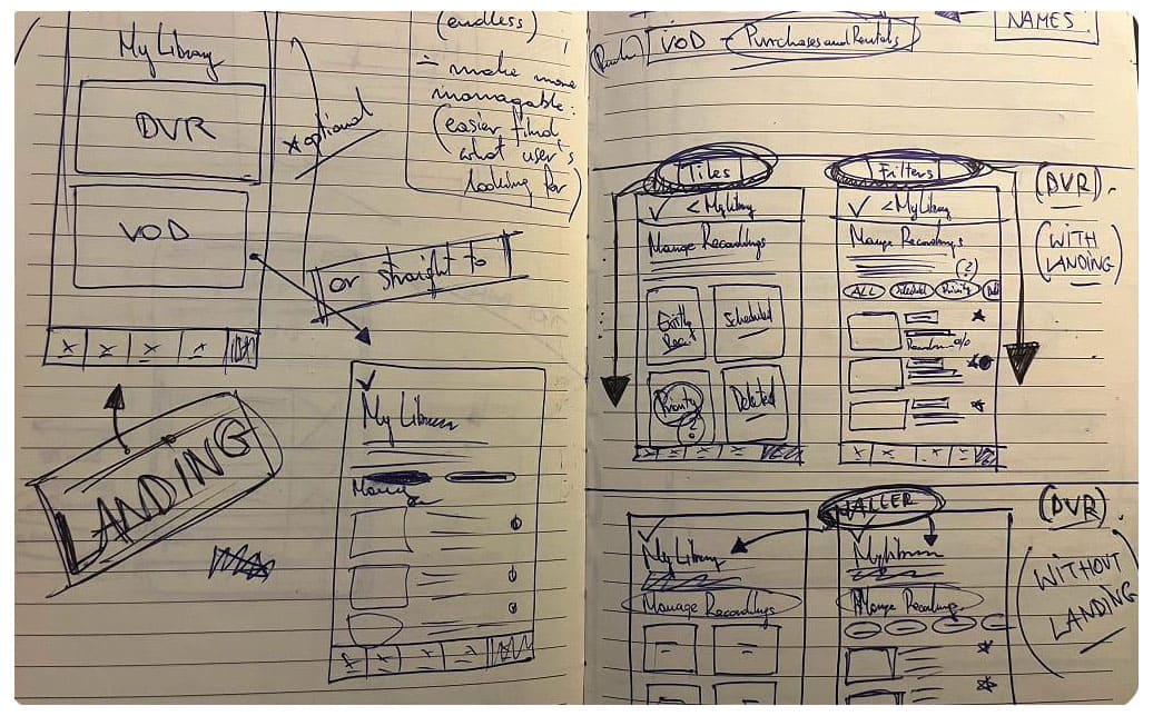 Notebook landing-page exploration — DVR/VOD split, optional landing, tile and filter variants