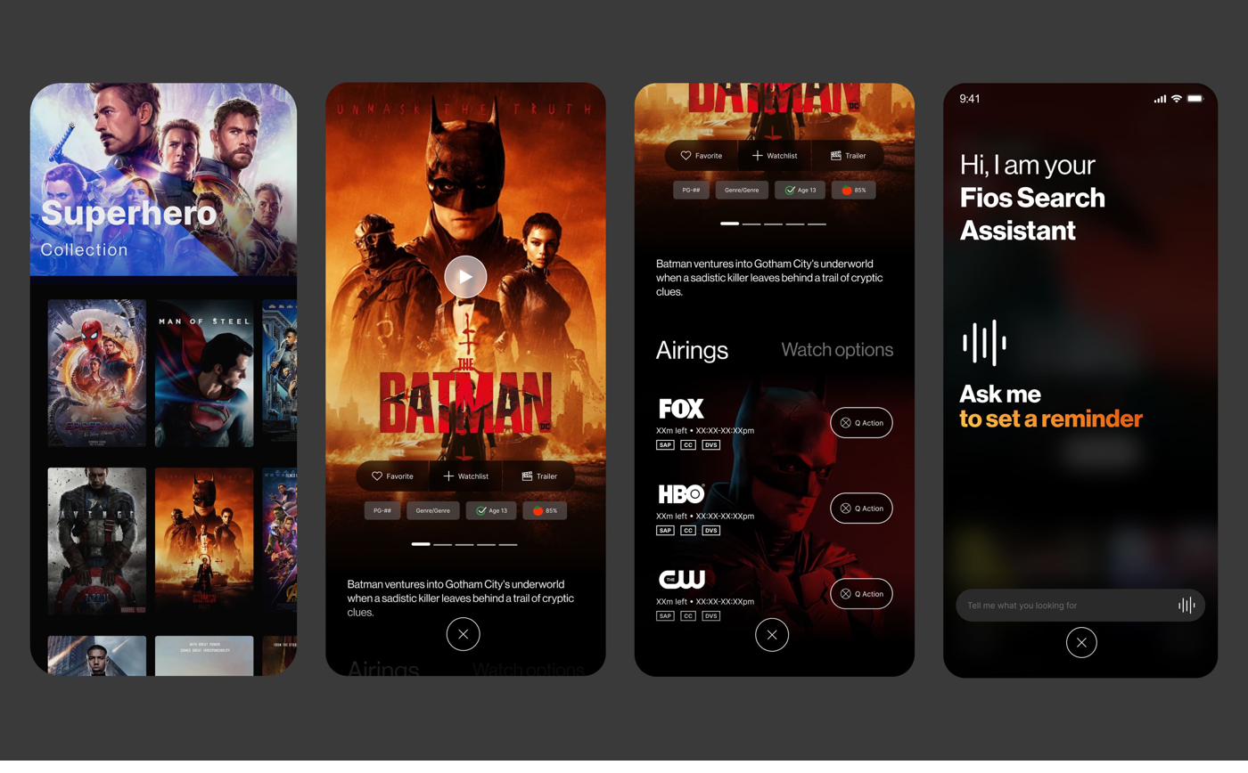 Final visual concepts — Superhero collection, immersive Batman content detail with airings, and the Fios Search Assistant voice interface