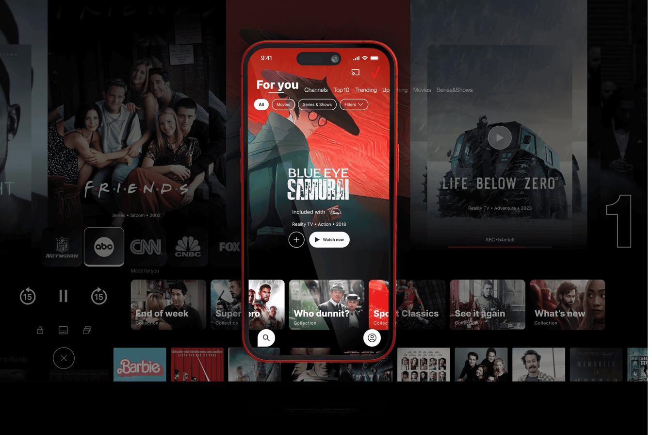 Final visual outcome — For You hero on device, with content tiles ghosted in the background showing the breadth of the catalogue surface