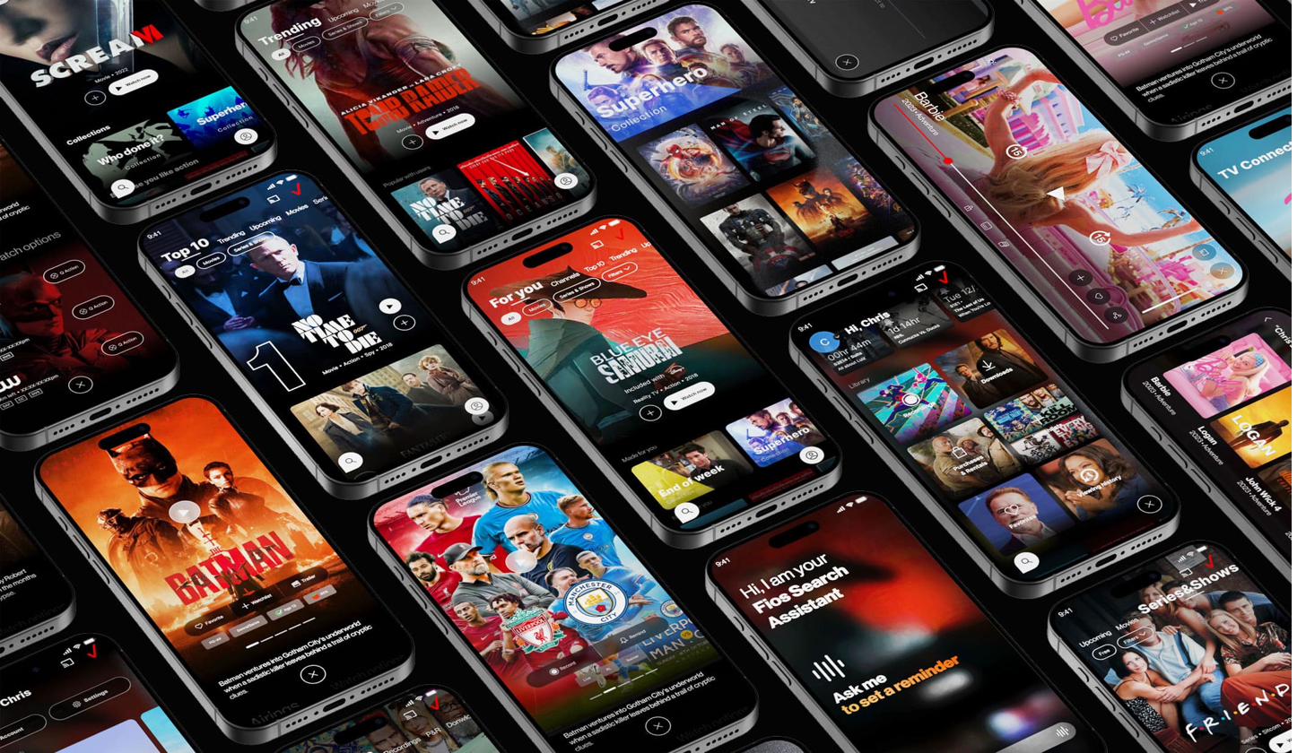 Final visual outcome — isometric collage of the full Fios TV Mobile 2.0 design system across discovery, content detail, dashboard, search assistant, and profile surfaces