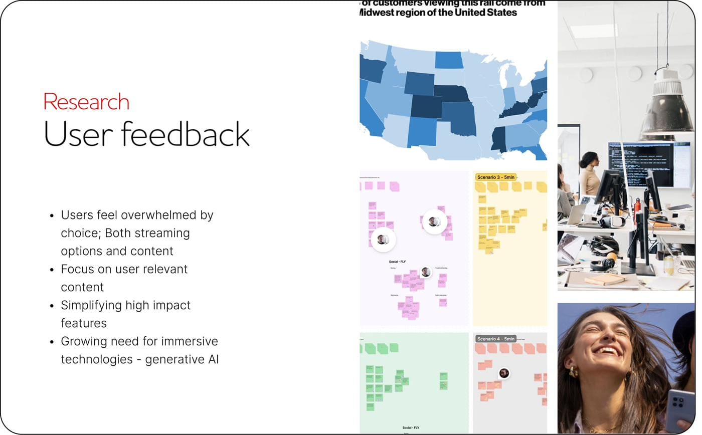 Research — User feedback: users overwhelmed by choice, focus on user-relevant content, simplifying high-impact features, growing need for immersive technologies and generative AI