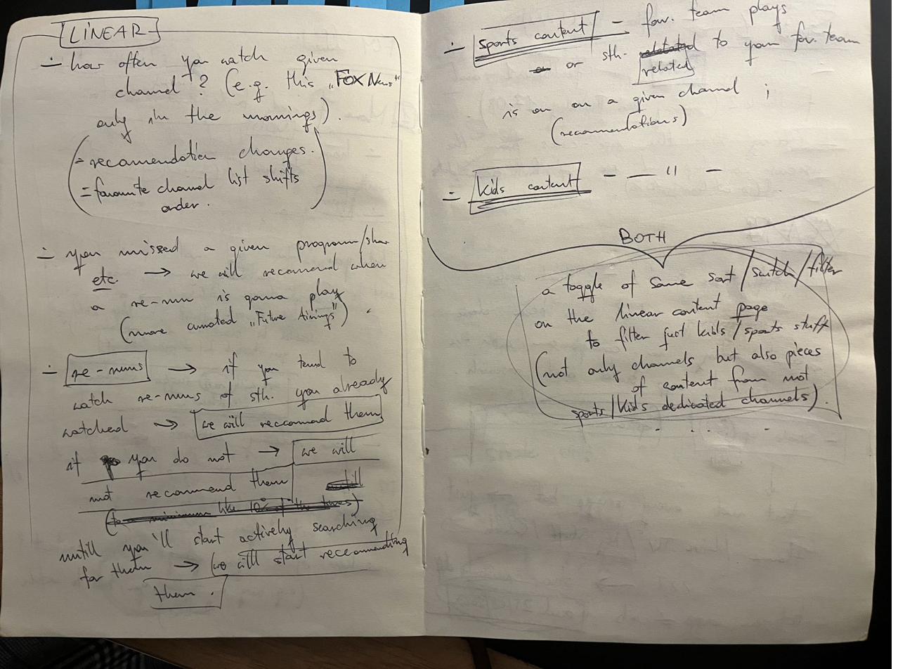 Notebook — content typology notes capturing how recommendations should differ for linear vs sports vs kids content, including missed-programme reminders and re-runs logic