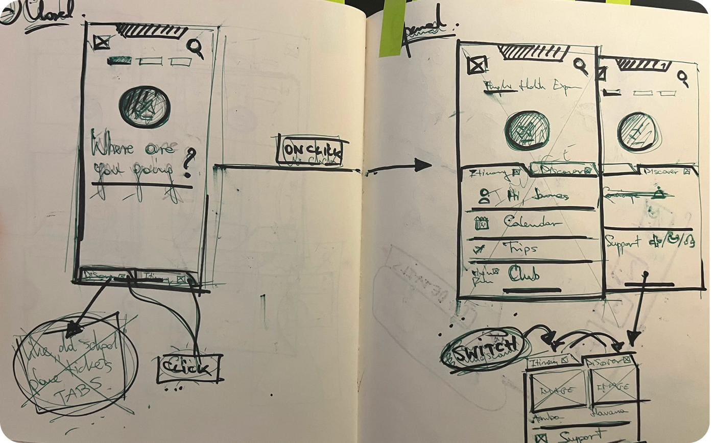 Hand-sketched UX — Where are you going hero, calendar, trips, club nav