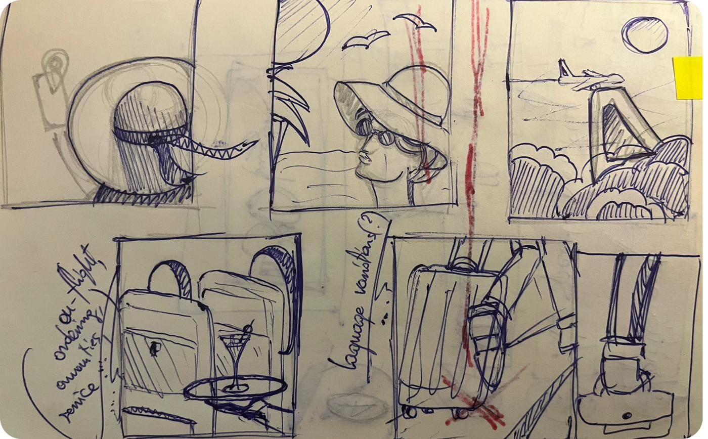 Hand-sketched UX — settings, feedback module, face ID, passenger cards