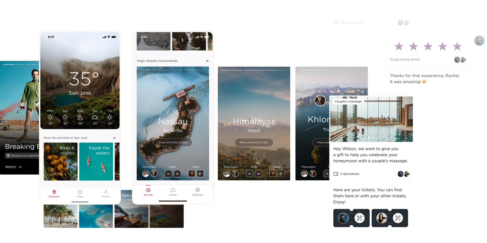 Designed screens — Discover, destination immersive view, in-trip itinerary, gifting and concierge moments