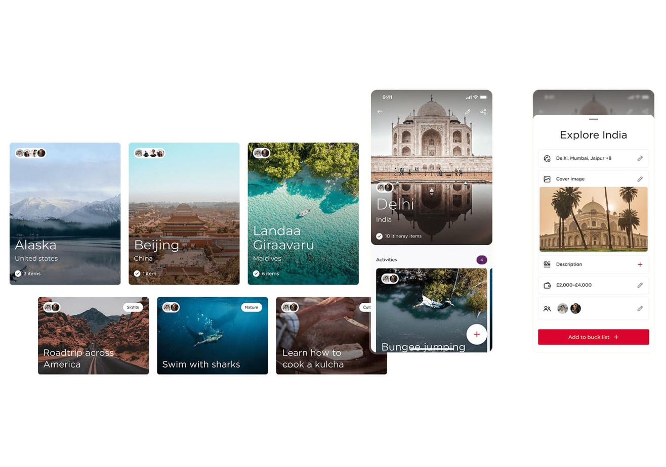 Bucket list and Explore concepts — destination cards (Alaska, Beijing, Maldives), road trip and activity cards, Delhi itinerary view, Explore India bucket-list edit modal