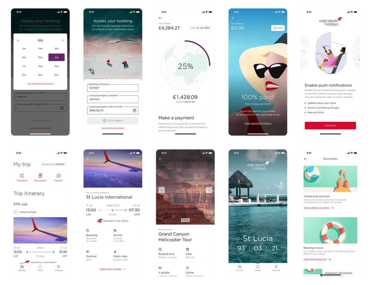 Final shipped MVP1 — Virgin Atlantic Holidays app screens across log-in, booking access, payment, itinerary, and Snapshot moments