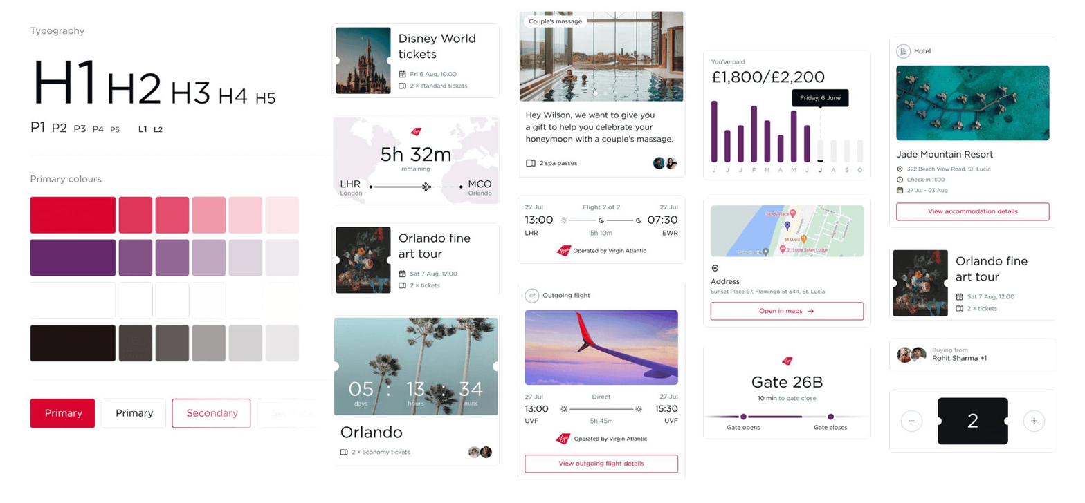 Virgin Atlantic Design System — typography, primary colours, components, and travel-product UI patterns
