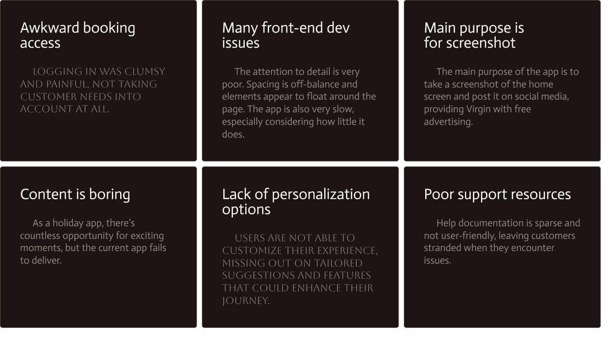 Four foundational issues identified in the current app audit — booking access, front-end dev issues, content quality, app's de facto purpose