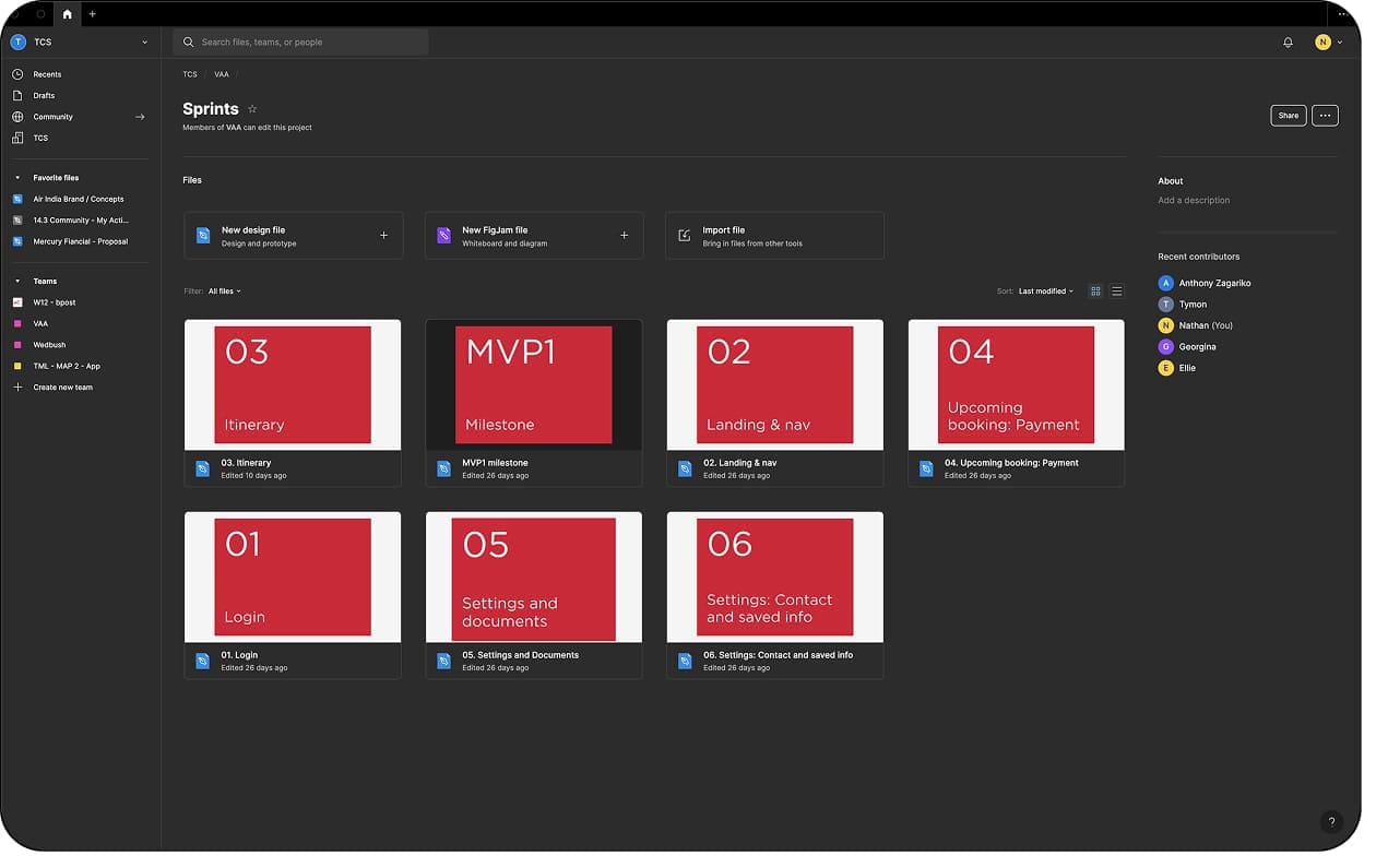 Sprints organised in Figma — files structured by sprint scope across MVP1 milestones